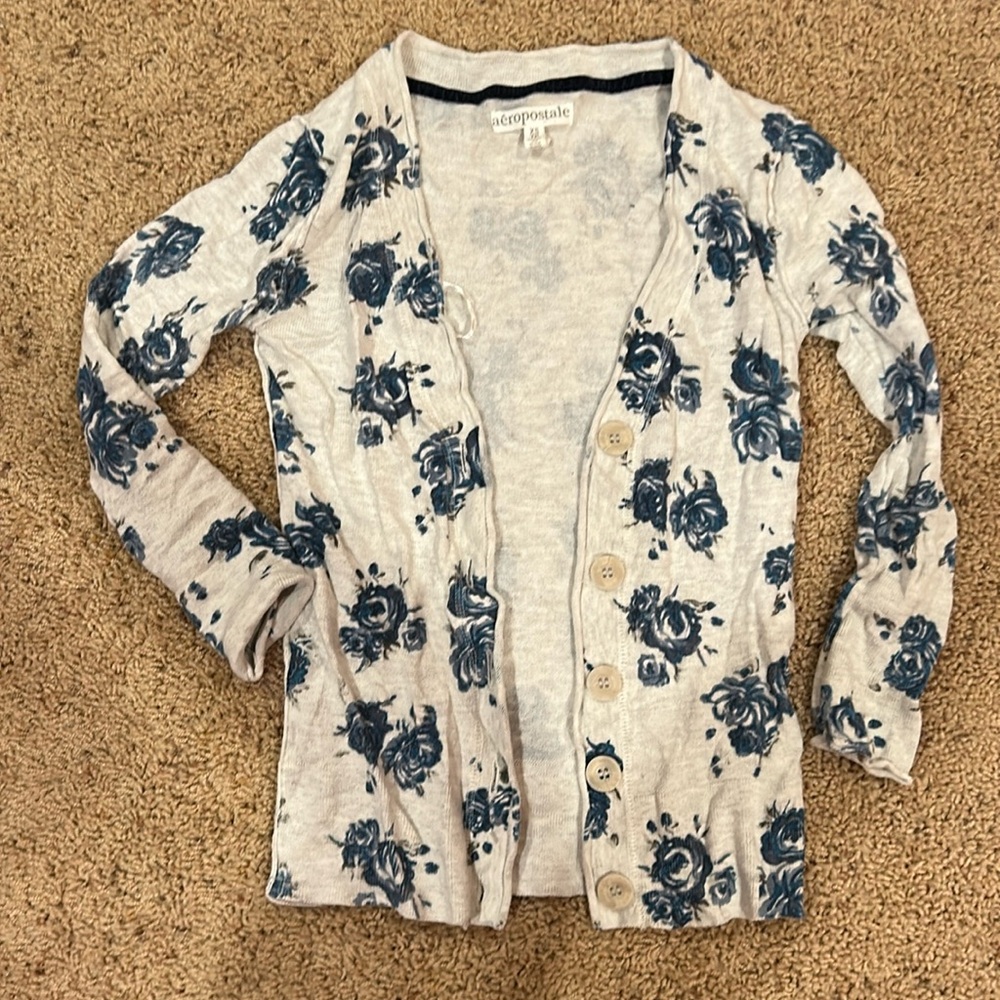 Aeropostale blue floral v-neck cardigan XS